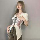 Short-sleeve Dragon Print Lace-up T-shirt