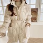High-neck Long Quilted Jacket With Sash