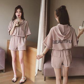 Lettering Hooded Elbow-sleeve Playsuit