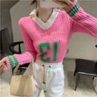Numbering Collared Knit Top Pink - One Size