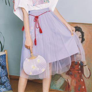 Mesh Overlay Printed Skirt With Tassel Sash