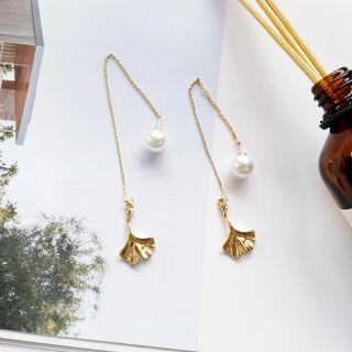Faux Pearl & Leaf Drop Earring 1 Pair - Threader Earring - One Size