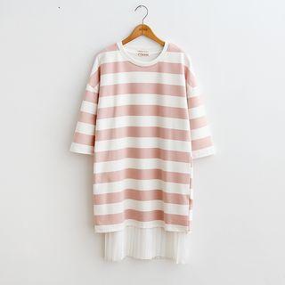 Set: Pleated Hem Tank Dress + Striped 3/4 Sleeve T-shirt Dress