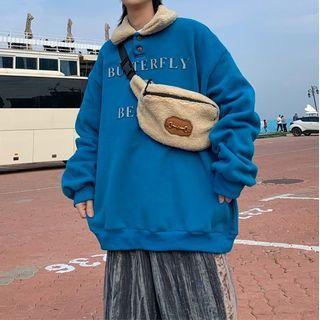 Polo-neck Lettering Fleece Pullover