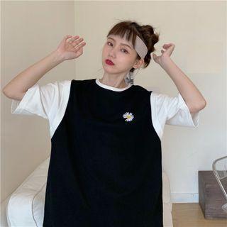 Mock Two-piece Flower Embroidered T-shirt