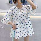 Elbow-sleeve Dotted Peplum Blouse