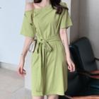 Short-sleeve Sashed A-line T-shirt Dress Green - One Size