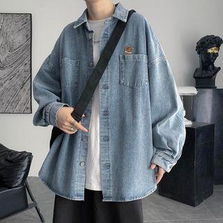 Long Sleeve Bear Embroidered Denim Shirt
