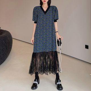 Puff-sleeve Floral Lace Hem Midi A-line Dress