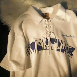 Short-sleeve Letter Embroidered Lace-up Polo Shirt