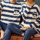 Couple Matching Loungewear Set : Long-sleeve Striped Cartoon Print Top + Pants