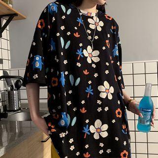 Round-neck Flower Printed Long-sleeve Top