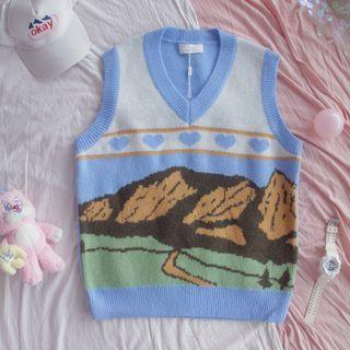 V-neck Print Sweater Vest Light Blue - One Size