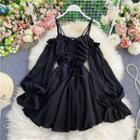 Cold-shoulder Drawstring Bell-sleeve Retro Dress