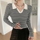 Long-sleeve Open-collar Striped Crop Knit Top Stripe - Black & White - One Size