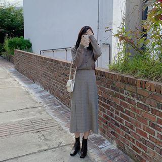 Slit-hem Checked A-line Skirt Brown - One Size