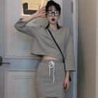 Set: 3/4-sleeve Plain T-shirt + Mini Sheath Skirt T-shirt - Gray - One Size / Skirt - Gray - One Size