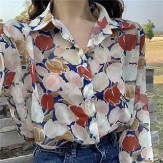Long-sleeve Patterned Shirt Tangerine Flower - Dark Blue - One Size