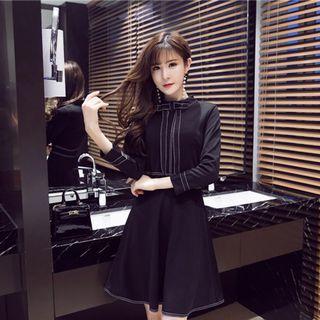Bow Accent Contrast Trim Long Sleeve Dress