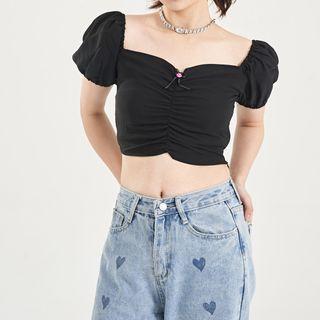 Cropped Puff-sleeve Ruched Top