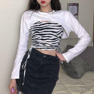 Zebra Print Drawstring Tank Top / Long-sleeve Cropped T-shirt