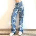 Low Rise Floral Print Wide Leg Jeans