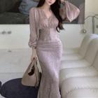 Set : Long-sleeve V-neck Floral Elastic-waist Chiffon Top + Fish Tail Midi Skirt