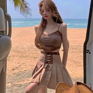 Lace Trim Crop Camisole Top / Lace-up Pleated A-line Skirt / Set