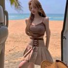 Lace Trim Crop Camisole Top / Lace-up Pleated A-line Skirt / Set