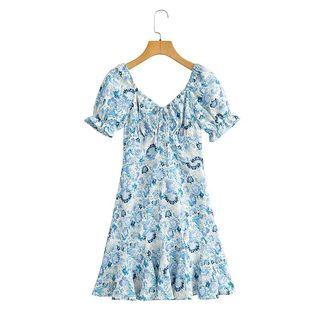 Short-sleeve V-neck Floral Ruffle-trim Mini A-line Dress