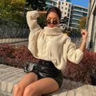 Turtle-neck Puff-sleeve Cable-knit Top