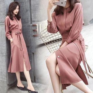 Long Sleeve Plain Tie-waist Shirtdress