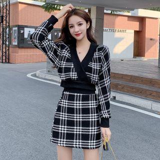 Set : Long-sleeve Plaid Top + Plaid A-line Skirt