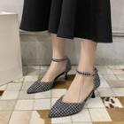 Pointy-toe Houndstooth Ankle Strap Kitten Heel Pumps