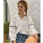 V-neck Embroidered 3/4-sleeve Blouse / Crew-neck Tank Top