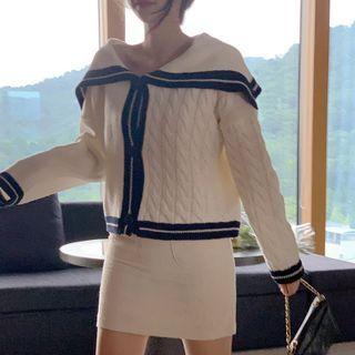 Contrast Trim Sailor Collar Cardigan White - One Size