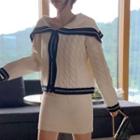 Contrast Trim Sailor Collar Cardigan White - One Size