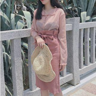 See-through Blouse / Paperbag Waist Straight Fit Skirt