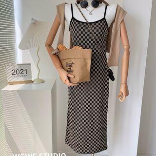 Spaghetti-strap Checkerboard Midi A-line Dress