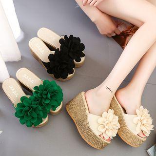 Flower Accent Platform Wedge Slide Sandals