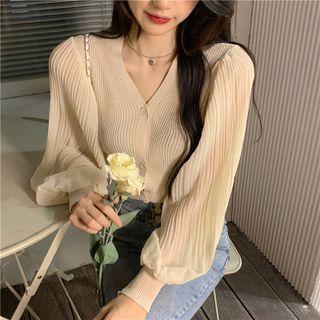 Puff-sleeve Chiffon Panel Cardigan