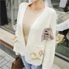 Applique Open-front Cardigan With Brooch