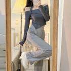 Halter-neck Off-shoulder Long-sleeve T-shirt / High-waist Wide-leg Pants