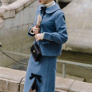 Set: Bow Neck Single Breasted Jacket + Midi Skirt