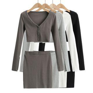 Set: Long-sleeve V-neck Button-up Crop Top + Mini Fitted Skirt