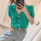 Single Breasted V-neck Blouse Green - One Size