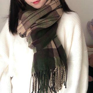 British Plaid Mock Cashmere Scarf Dark Green - One Size