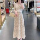 Short-sleeve Knit Top / Floral Midi A-line Skirt / Set