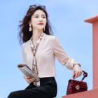 Puff-sleeve Blouse / Printed Scarf