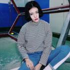 Mock-neck Stripe Long-sleeve T-shirt
